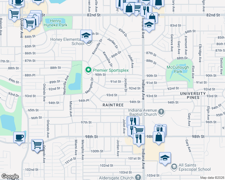 map of restaurants, bars, coffee shops, grocery stores, and more near 3515 91st Street in Lubbock