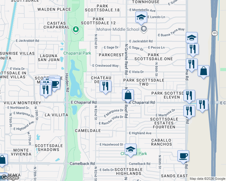 map of restaurants, bars, coffee shops, grocery stores, and more near 8312 East Orange Blossom Lane in Scottsdale