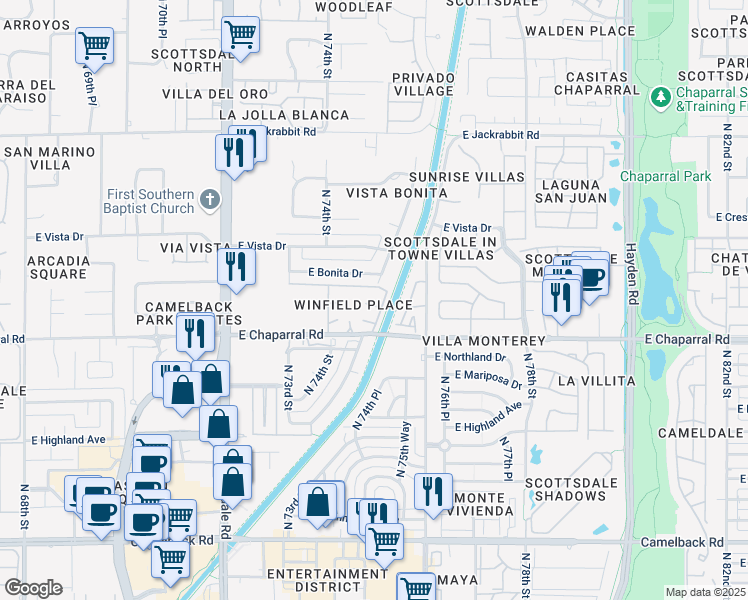 map of restaurants, bars, coffee shops, grocery stores, and more near 7443 East Bonita Drive in Scottsdale