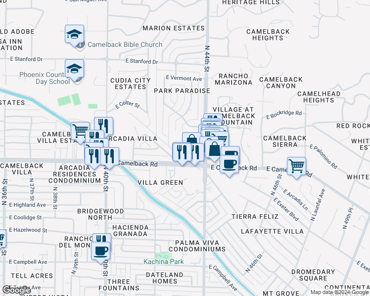 map of restaurants, bars, coffee shops, grocery stores, and more near Unnamed Road in Phoenix