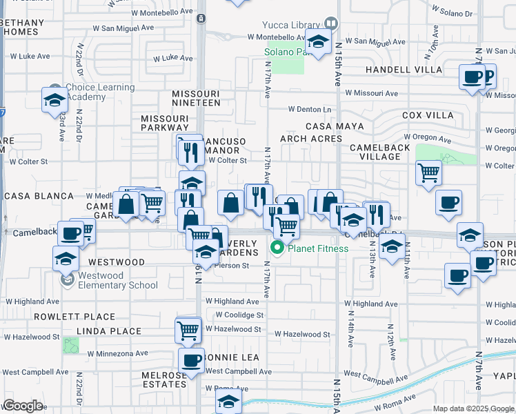 map of restaurants, bars, coffee shops, grocery stores, and more near 5038 North 17th Avenue in Phoenix