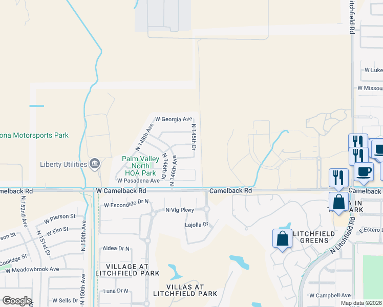 map of restaurants, bars, coffee shops, grocery stores, and more near 14560 West Medlock Drive in Litchfield Park