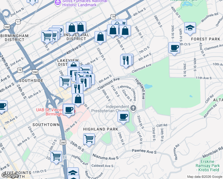 map of restaurants, bars, coffee shops, grocery stores, and more near 3101 Clairmont Avenue in Birmingham