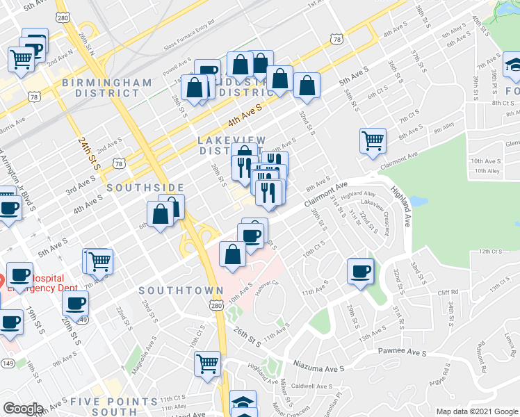 map of restaurants, bars, coffee shops, grocery stores, and more near 711 29th Street South in Birmingham