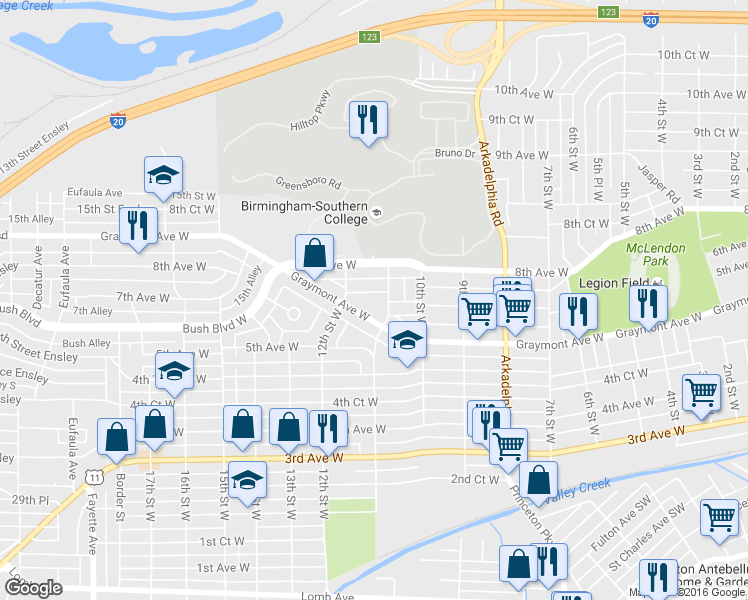 map of restaurants, bars, coffee shops, grocery stores, and more near 1102 7th Avenue West in Birmingham