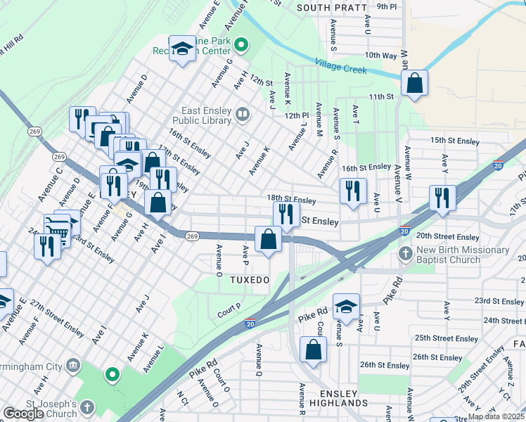 map of restaurants, bars, coffee shops, grocery stores, and more near 1625 18th Street Ensley in Birmingham