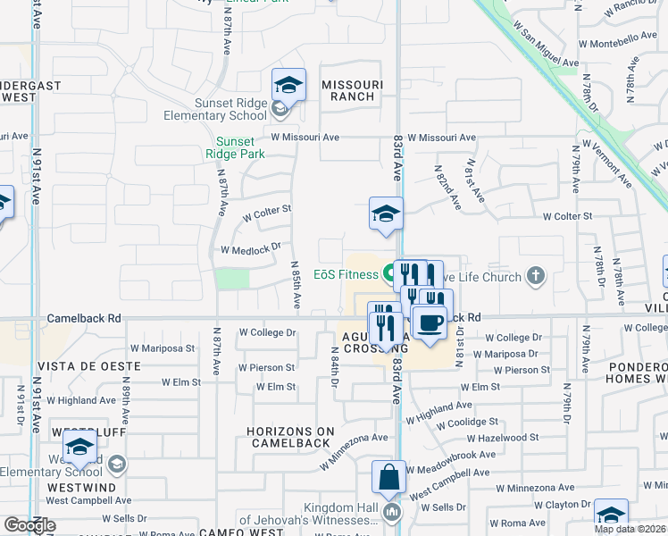 map of restaurants, bars, coffee shops, grocery stores, and more near 8429 West Windsor Boulevard in Glendale