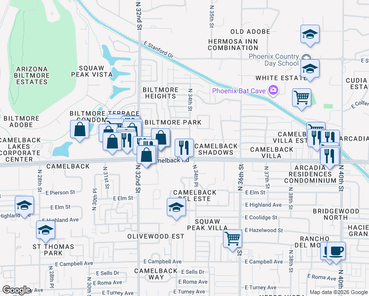 map of restaurants, bars, coffee shops, grocery stores, and more near 3319 East Medlock Drive in Phoenix