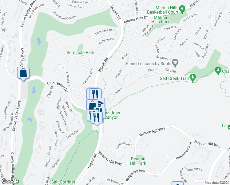 map of restaurants, bars, coffee shops, grocery stores, and more near 67 Siena in Laguna Niguel