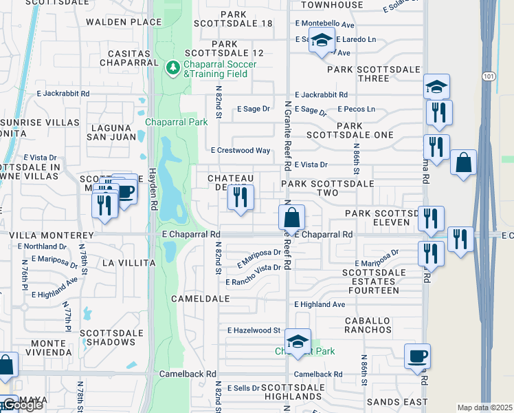 map of restaurants, bars, coffee shops, grocery stores, and more near 8312 East Orange Blossom Lane in Scottsdale