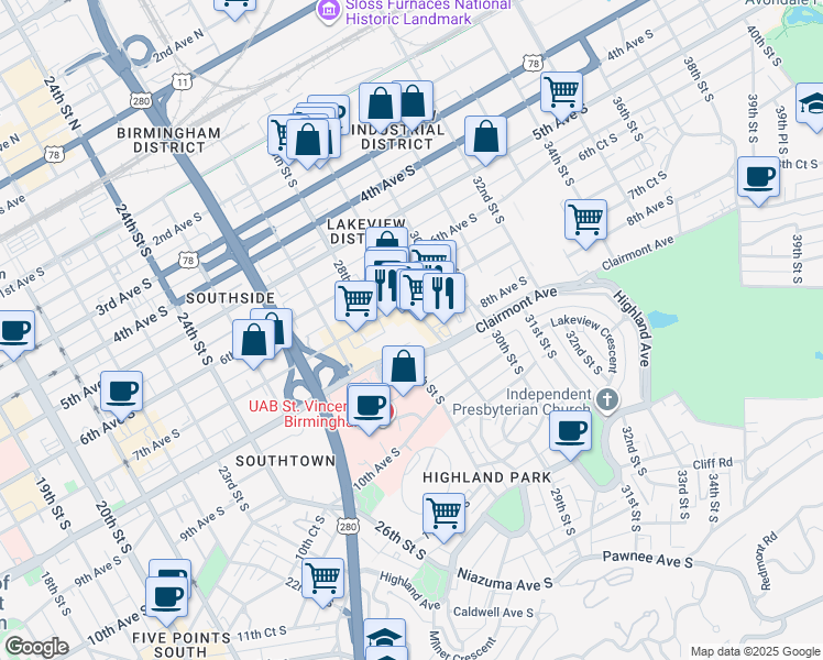 map of restaurants, bars, coffee shops, grocery stores, and more near 724 29th Street South in Birmingham