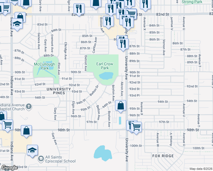 map of restaurants, bars, coffee shops, grocery stores, and more near 2710 91st Street in Lubbock
