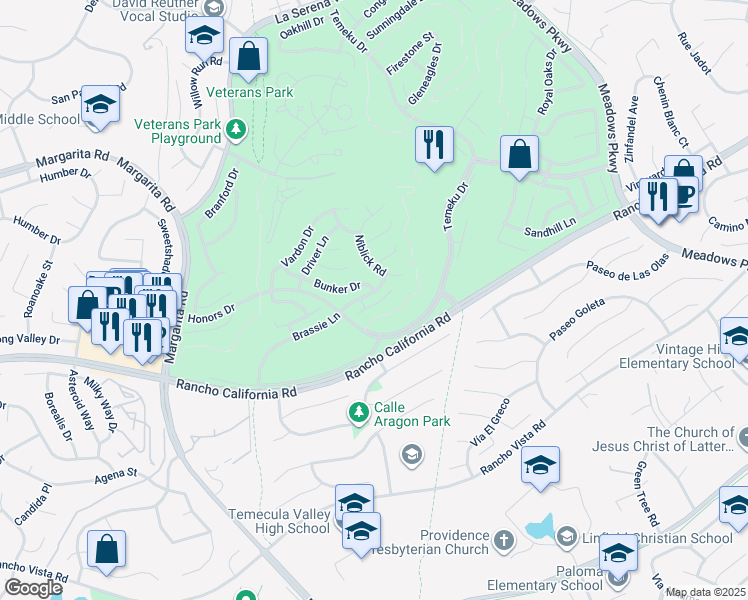 map of restaurants, bars, coffee shops, grocery stores, and more near 31056 Iron Circle in Temecula