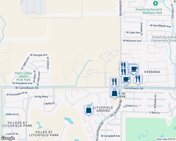 map of restaurants, bars, coffee shops, grocery stores, and more near 14260 South Denny Boulevard in Litchfield Park