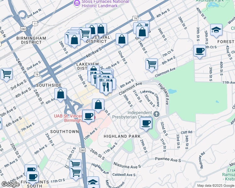 map of restaurants, bars, coffee shops, grocery stores, and more near Clairmont Avenue South in Birmingham