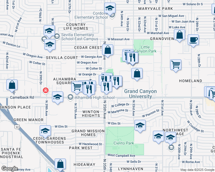 map of restaurants, bars, coffee shops, grocery stores, and more near 5052 North 35th Avenue in Phoenix