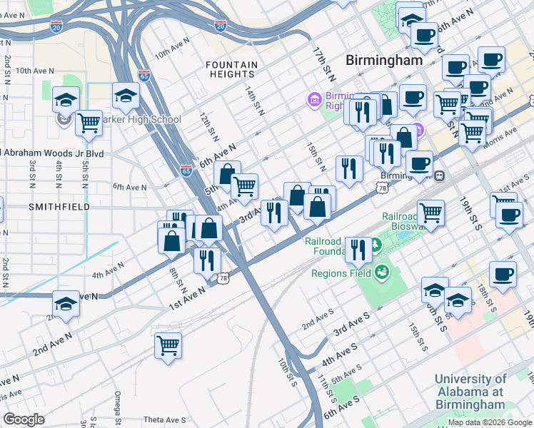 map of restaurants, bars, coffee shops, grocery stores, and more near 1216 3rd Ave N in Birmingham