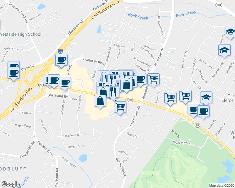 map of restaurants, bars, coffee shops, grocery stores, and more near 2821 Washington Road in Augusta