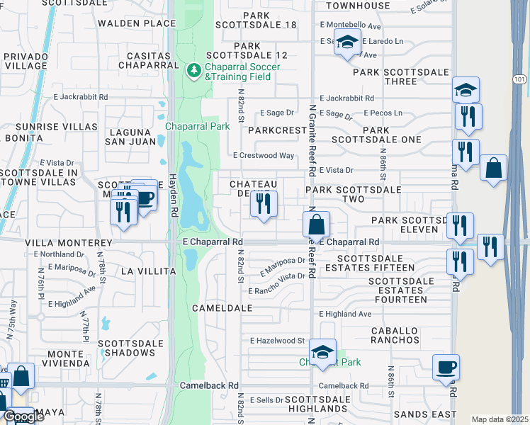 map of restaurants, bars, coffee shops, grocery stores, and more near 8236 East Orange Blossom Lane in Scottsdale