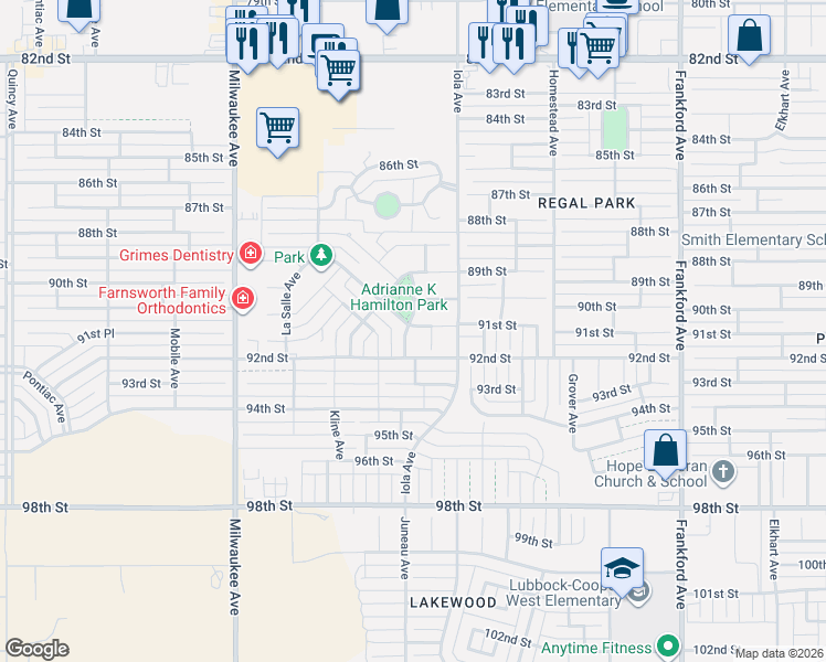 map of restaurants, bars, coffee shops, grocery stores, and more near 6201 91st Street in Lubbock