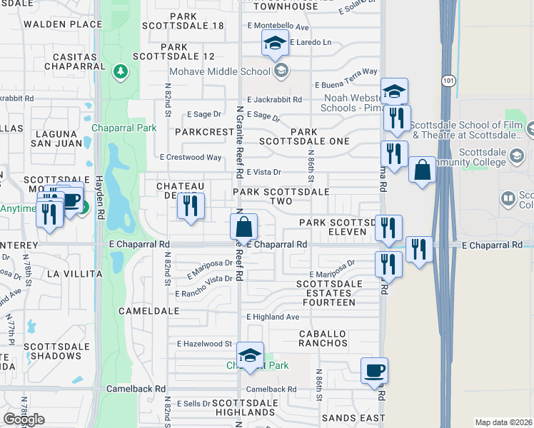 map of restaurants, bars, coffee shops, grocery stores, and more near 8437 East Orange Blossom Lane in Scottsdale