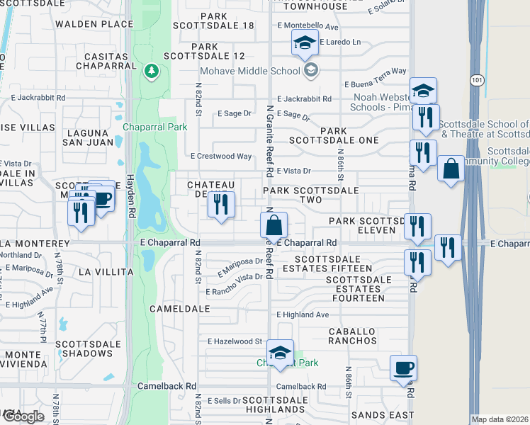 map of restaurants, bars, coffee shops, grocery stores, and more near 8401 East Orange Blossom Lane in Scottsdale