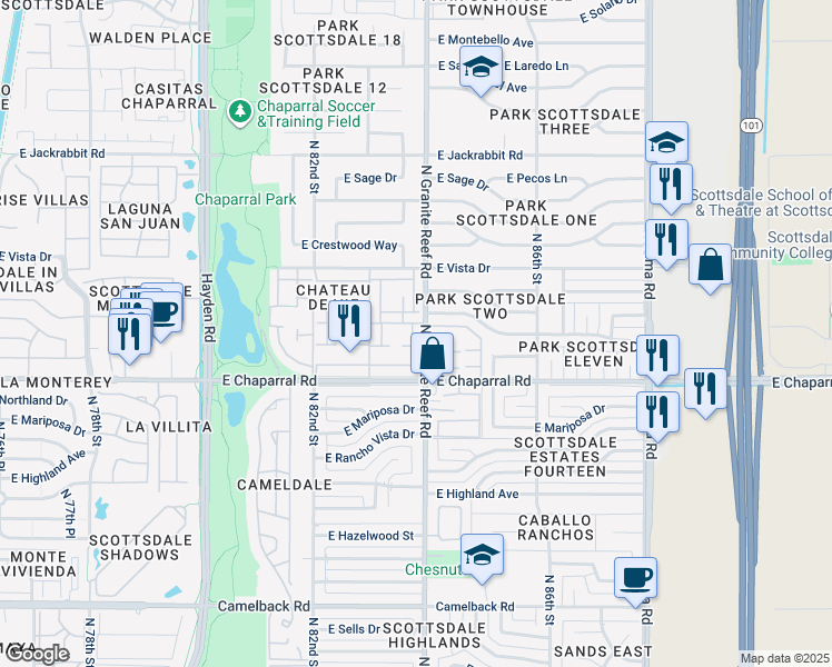map of restaurants, bars, coffee shops, grocery stores, and more near 8401 East Orange Blossom Lane in Scottsdale
