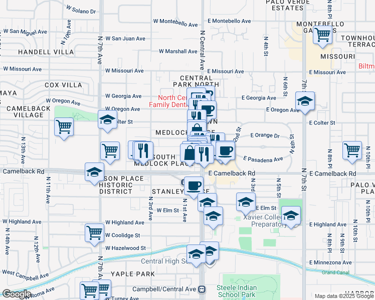 map of restaurants, bars, coffee shops, grocery stores, and more near 17 West Medlock Drive in Phoenix