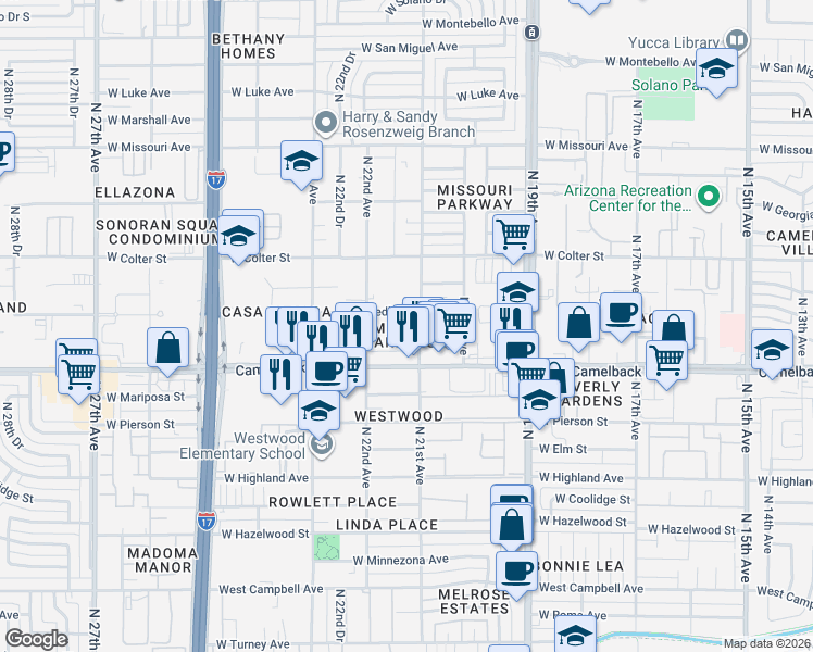 map of restaurants, bars, coffee shops, grocery stores, and more near 2046 West Medlock Drive in Phoenix