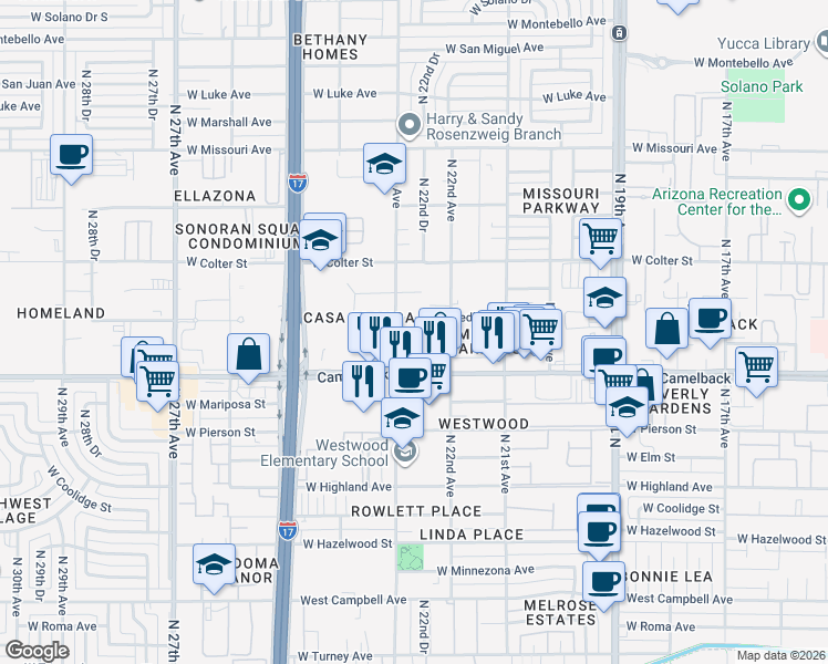 map of restaurants, bars, coffee shops, grocery stores, and more near 2218 West Medlock Drive in Phoenix