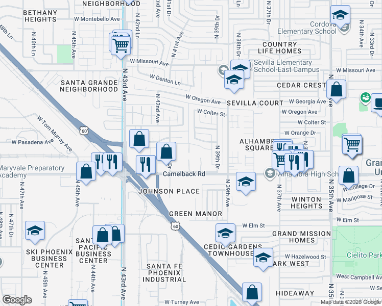 map of restaurants, bars, coffee shops, grocery stores, and more near 4012 West Wonderview Road in Phoenix