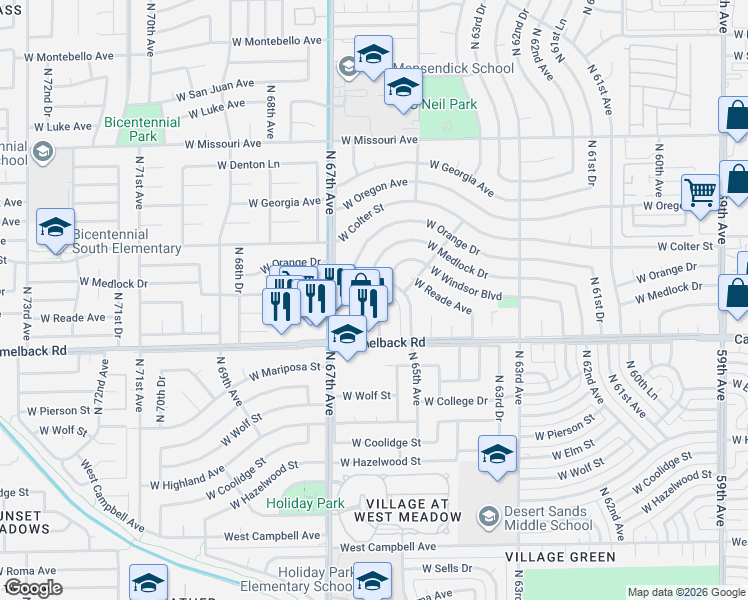 map of restaurants, bars, coffee shops, grocery stores, and more near 6596 West Medlock Drive in Glendale