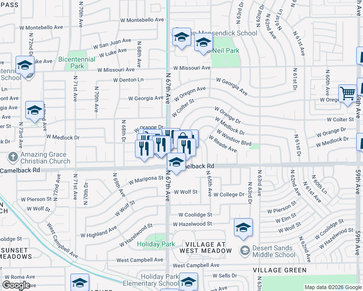 map of restaurants, bars, coffee shops, grocery stores, and more near 6596 West Medlock Drive in Glendale