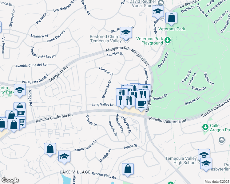 map of restaurants, bars, coffee shops, grocery stores, and more near 30406 Danube Court in Temecula