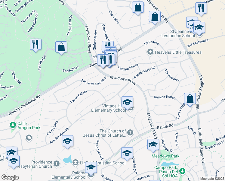 map of restaurants, bars, coffee shops, grocery stores, and more near 31919 Corte Positas in Temecula