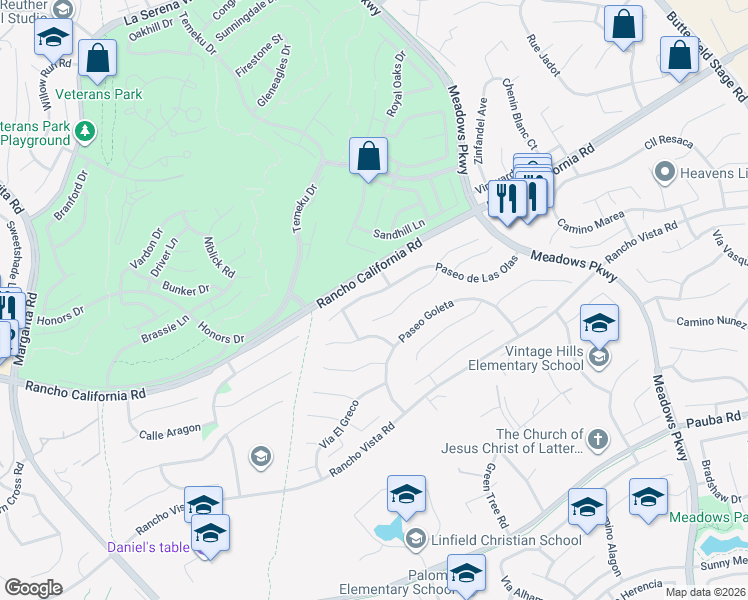 map of restaurants, bars, coffee shops, grocery stores, and more near 31465 Paseo de Las Olas in Temecula