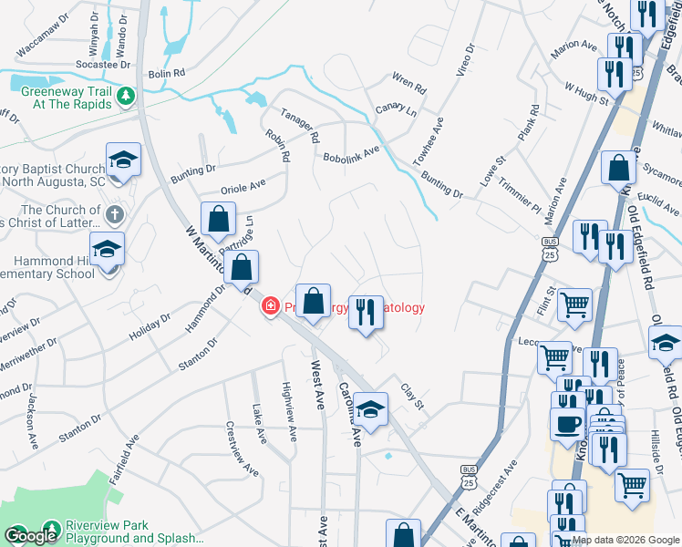map of restaurants, bars, coffee shops, grocery stores, and more near 26 Summit Commons Court in North Augusta