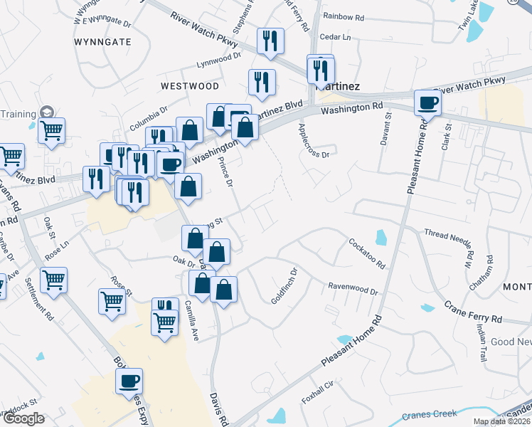 map of restaurants, bars, coffee shops, grocery stores, and more near 615 Belle Court in Martinez