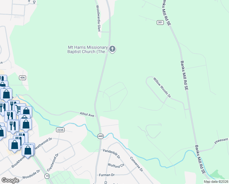 map of restaurants, bars, coffee shops, grocery stores, and more near 1901 Powderhouse Road Southeast in Aiken
