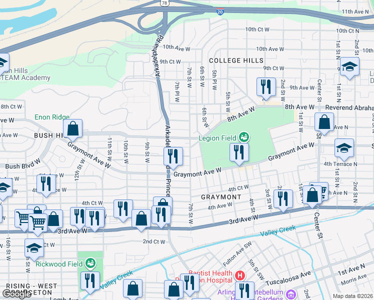 map of restaurants, bars, coffee shops, grocery stores, and more near 623 8th Avenue West in Birmingham