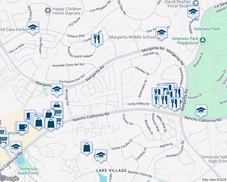map of restaurants, bars, coffee shops, grocery stores, and more near 30115 Willow Drive in Temecula