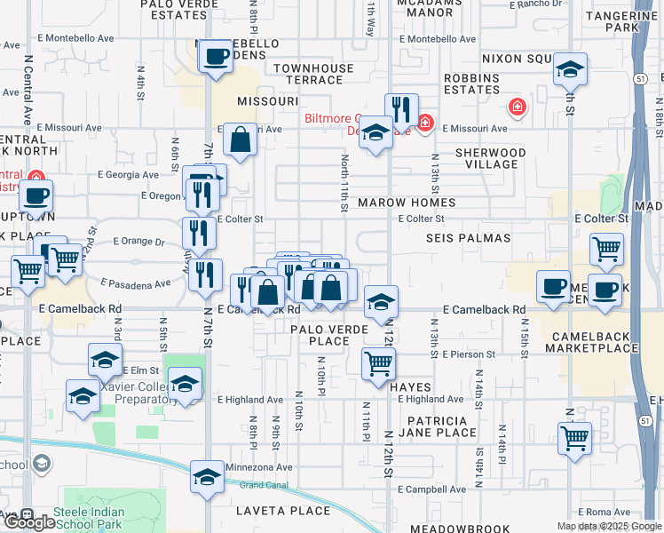 map of restaurants, bars, coffee shops, grocery stores, and more near 5111 North 10th Place in Phoenix