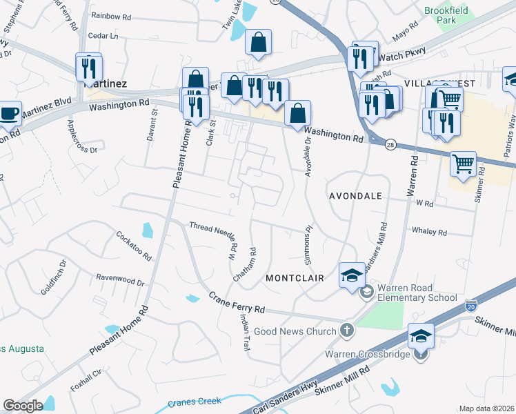 map of restaurants, bars, coffee shops, grocery stores, and more near 402 Chatham Court in Augusta