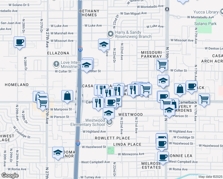 map of restaurants, bars, coffee shops, grocery stores, and more near 2218 West Medlock Drive in Phoenix