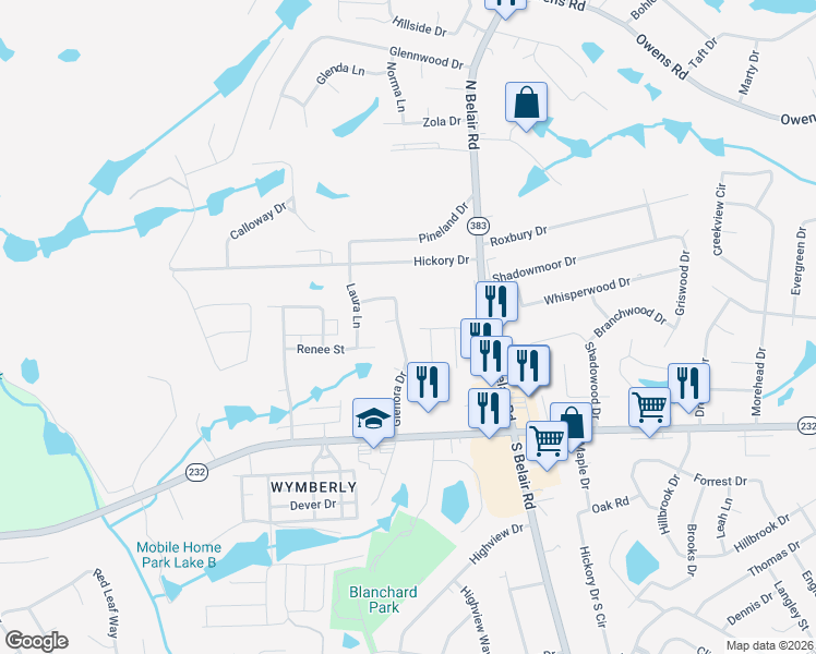 map of restaurants, bars, coffee shops, grocery stores, and more near 129 Glenora Drive in Augusta