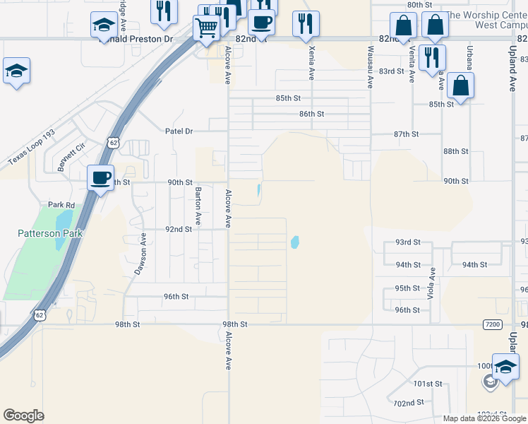 map of restaurants, bars, coffee shops, grocery stores, and more near 9007 Alcove Avenue in Lubbock