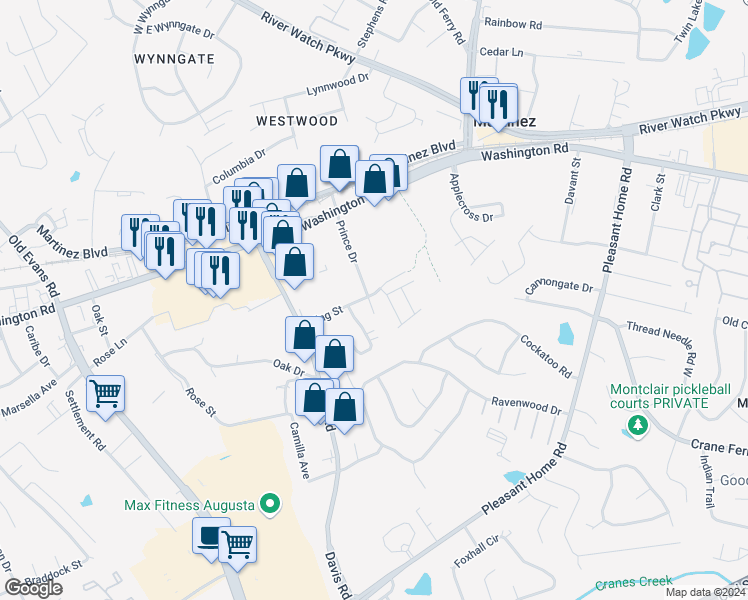 map of restaurants, bars, coffee shops, grocery stores, and more near 201 Berrien Court in Augusta