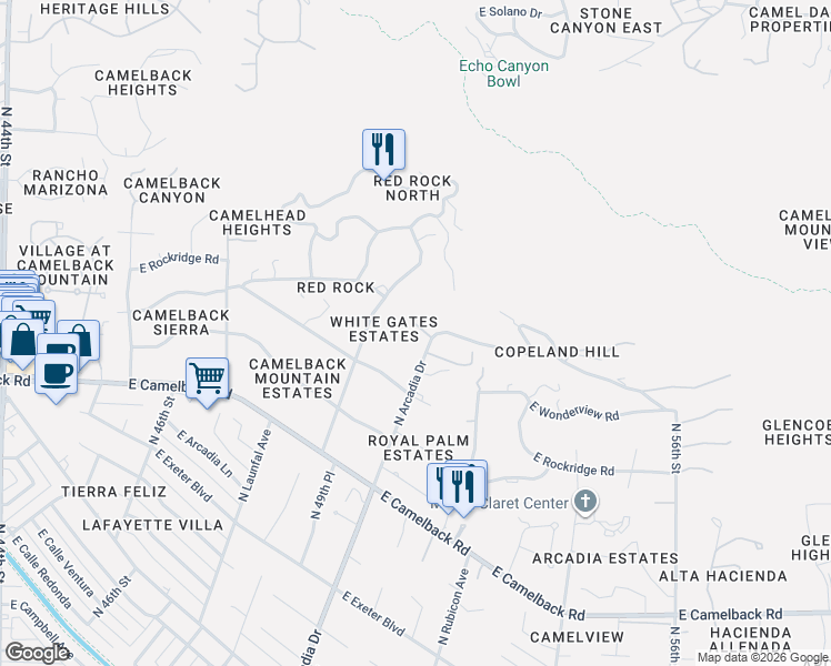 map of restaurants, bars, coffee shops, grocery stores, and more near 5040 North Arcadia Drive in Phoenix