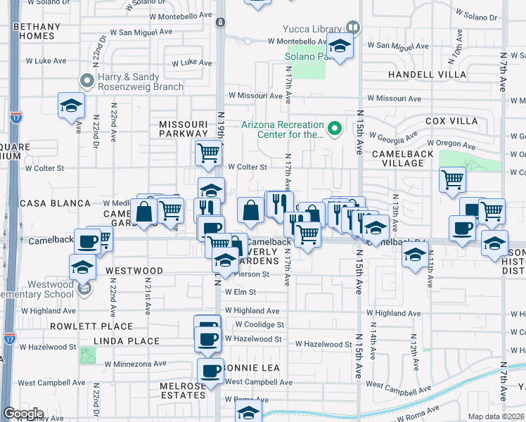 map of restaurants, bars, coffee shops, grocery stores, and more near 5038 North 17th Avenue in Phoenix
