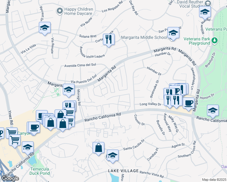 map of restaurants, bars, coffee shops, grocery stores, and more near 42165 Calabria Drive in Temecula
